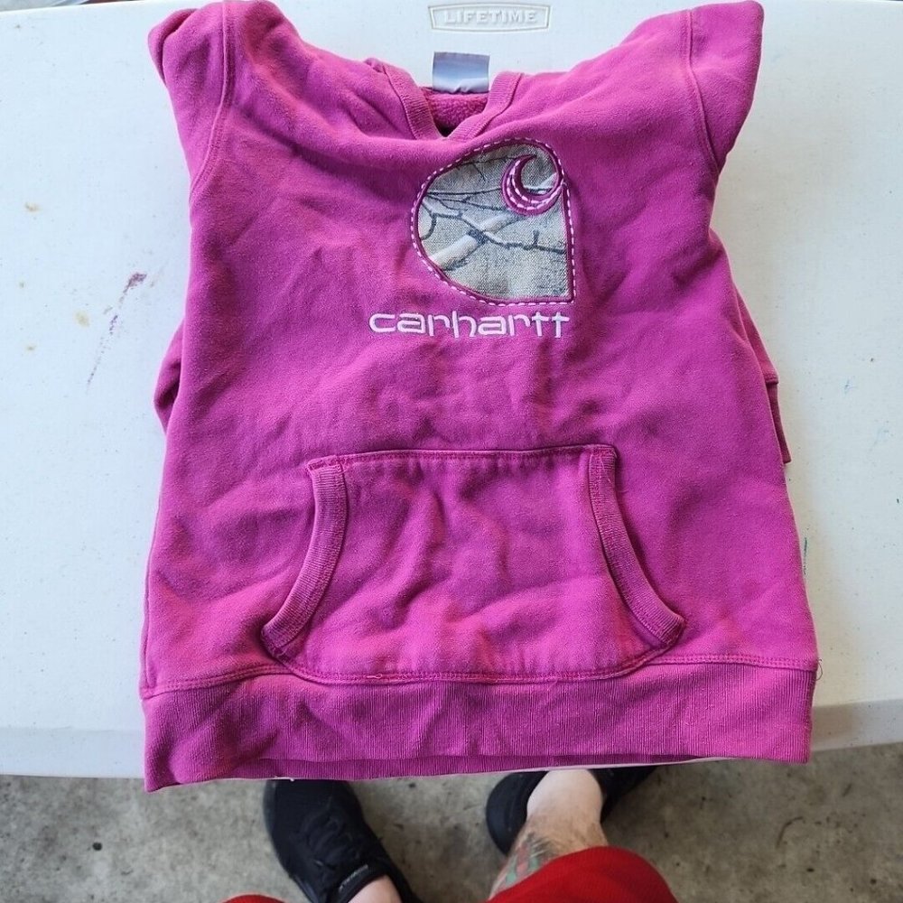 Carhartt Girls Pink Camo Logo Embroidered Pullover Hoodie **Size Small (8)**